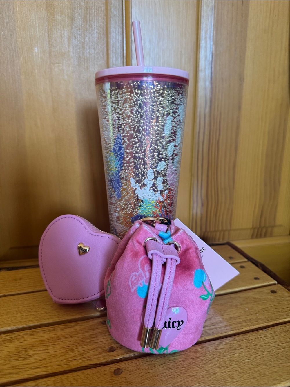 Juicy Couture Pink Cherry Drawstring Pouch with Heart Coin Case & Starbucks Tumb